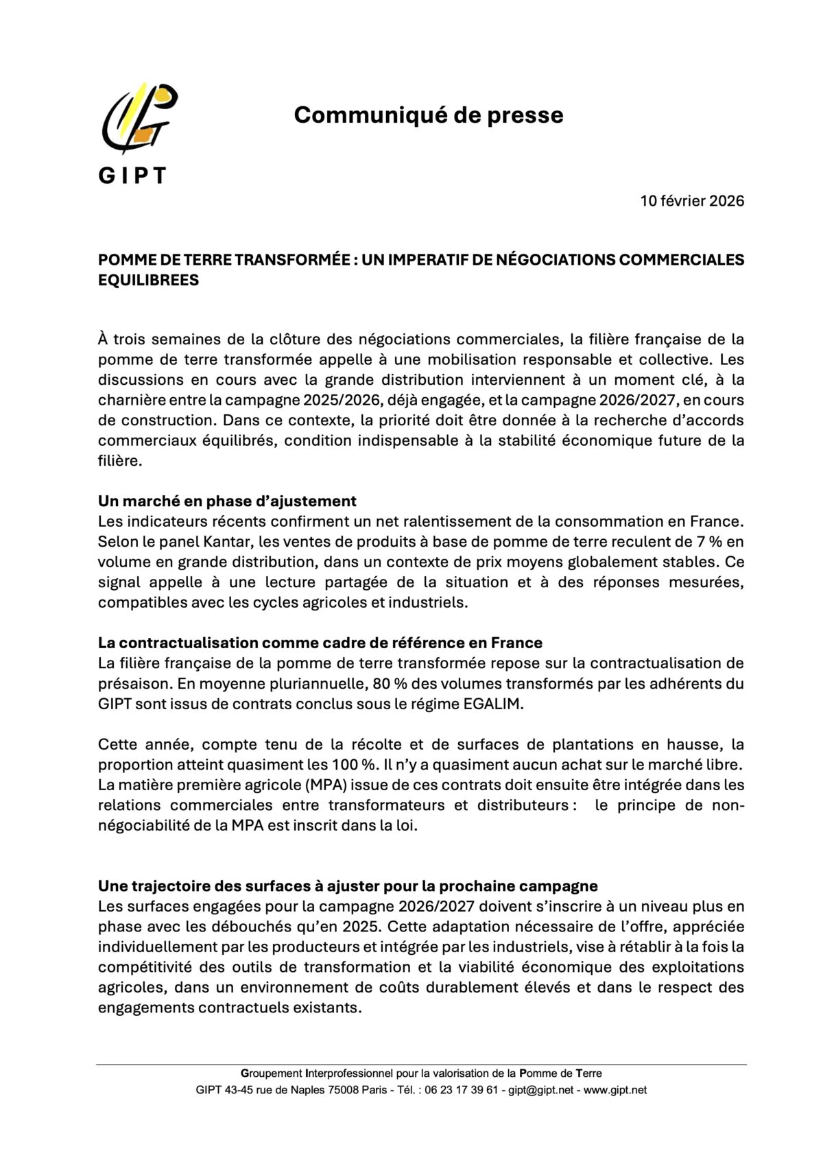 COMMUNIQUÉ DE PRESSE GIPT – 10 février 2026